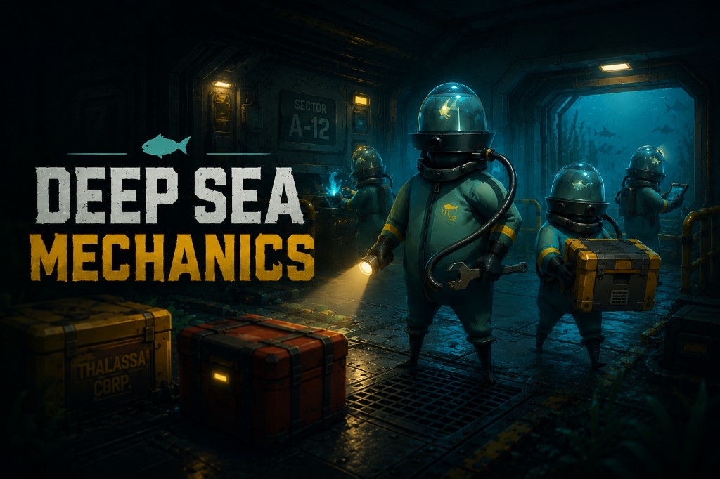 Deep Sea Mechanics key art: fish divers in bubble helmets repairing machinery inside an abandoned underwater facility